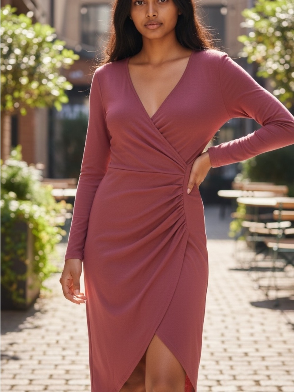 Ruched Wrap-Front 3/4 Sleeve Midi Dress in Mauve
